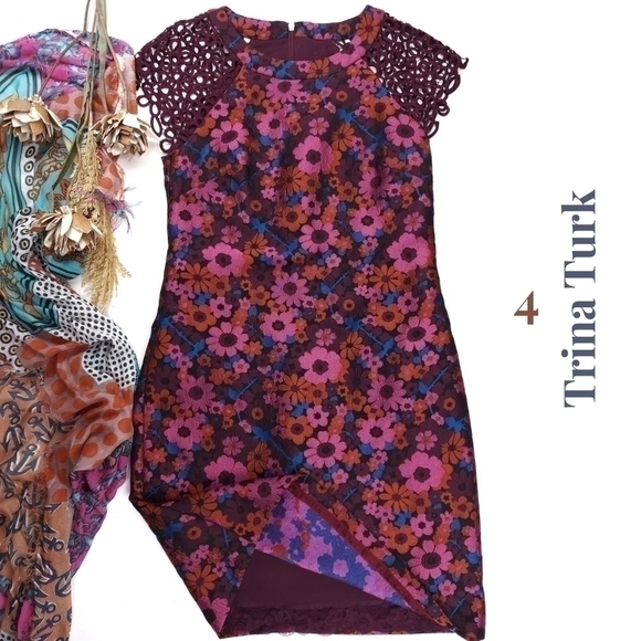 Trina Turk Pink Floral Lace Cap Sleeve Dress Sz 4 - Picture 1 of 15